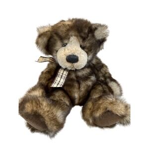 Russ Berrie Capuccino 10" Plush Bear Brown Cream Plaid Bow Stuffed Animal